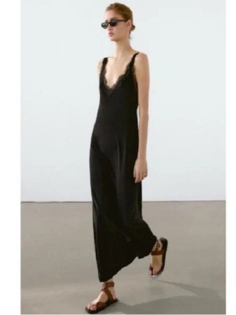 Massimo Dutti Black Lace-Trim midi Dress